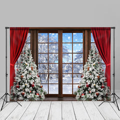 Aperturee - Snowy Scene Wood Window Christmas Tree Curtain Backdrop