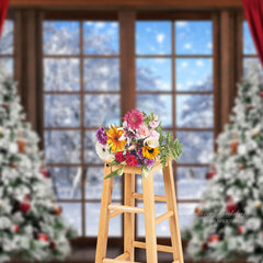 Aperturee - Snowy Scene Wood Window Christmas Tree Curtain Backdrop