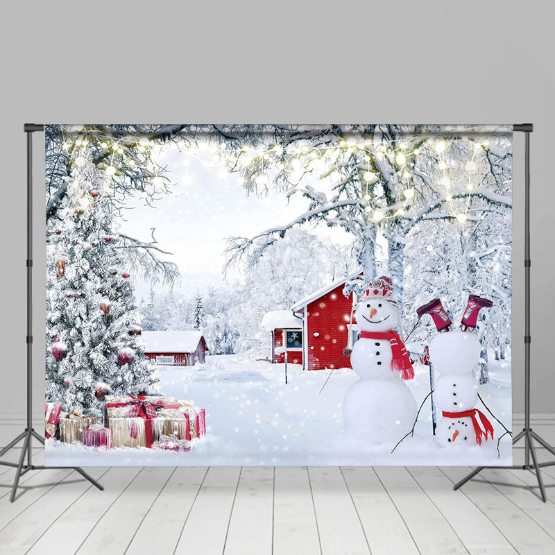 Aperturee - Snowy Snowman Pine Tree Village Winter Backdrop