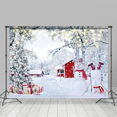 Aperturee - Snowy Snowman Pine Tree Village Winter Backdrop