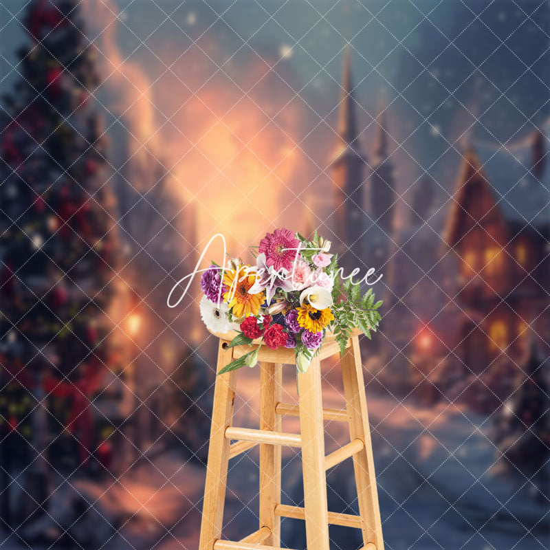 Aperturee - Snowy Town Load Tree Winter Christmas Photo Backdrop