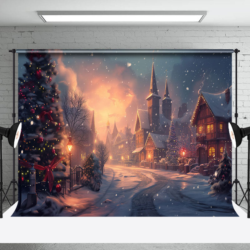 Aperturee - Snowy Town Load Tree Winter Christmas Photo Backdrop