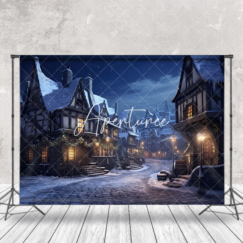 Aperturee - Snowy Town Street Night Scenery Christmas Backdrop