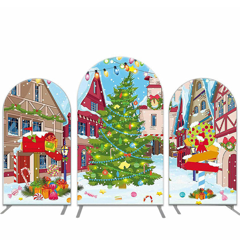 Aperturee - Snowy Town Trees Gifts Christmas Arch Backdrop Kit