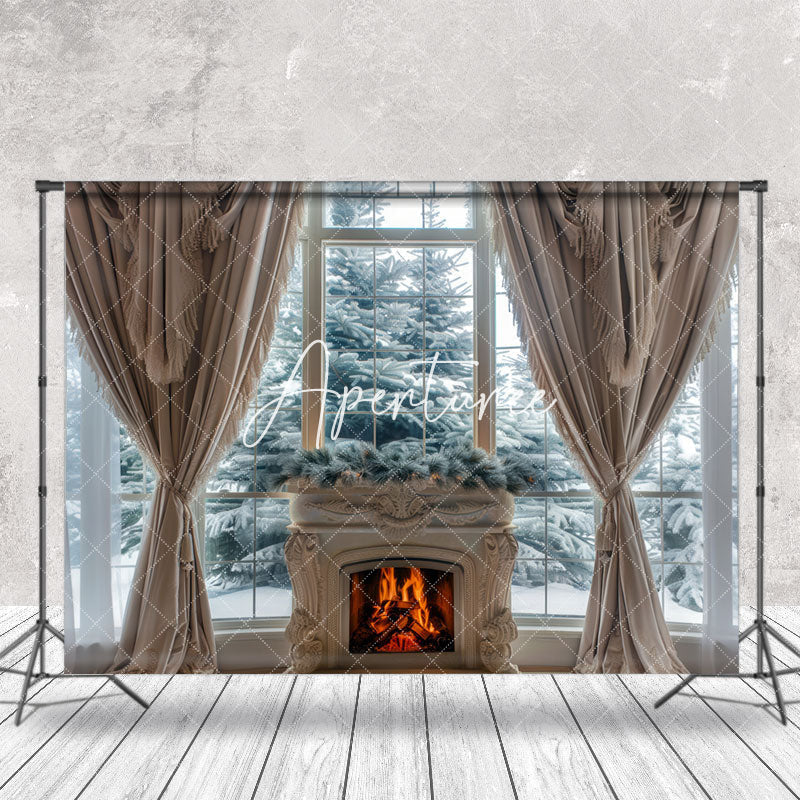 Aperturee - Snowy Trees Fireplace Curtain Window View Backdrop