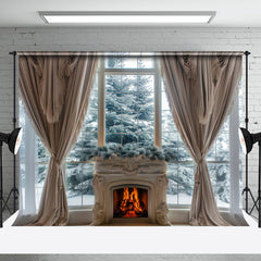 Aperturee - Snowy Trees Fireplace Curtain Window View Backdrop