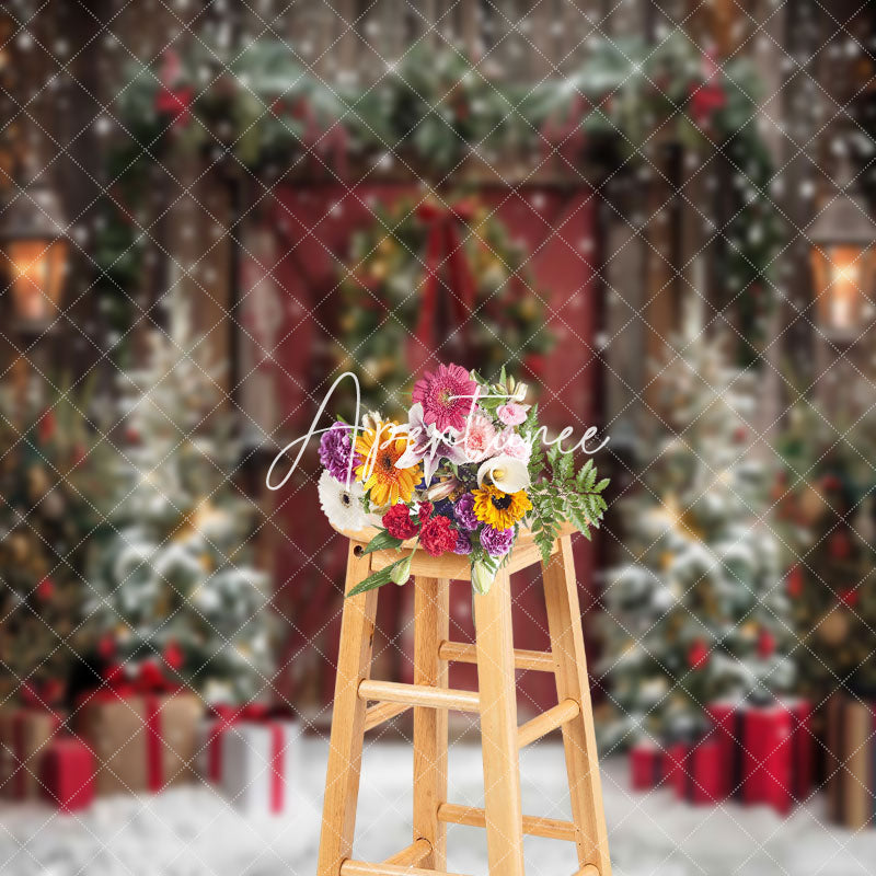 Aperturee - Snowy Trees Vintage Wooden Door Christmas Backdrop