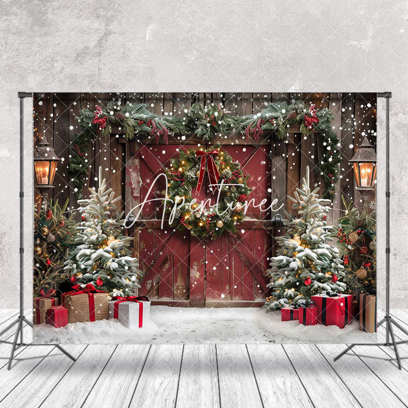 Aperturee - Snowy Trees Vintage Wooden Door Christmas Backdrop