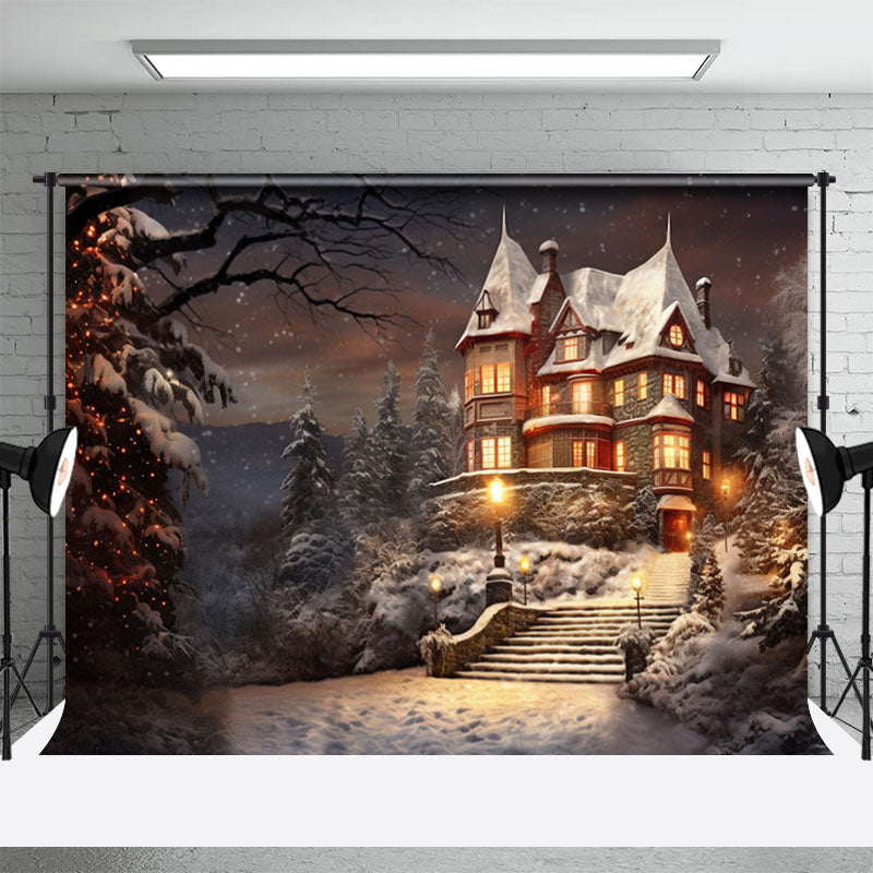 Aperturee - Snowy Warm Light Magic Castle Forest Winter Backdrop