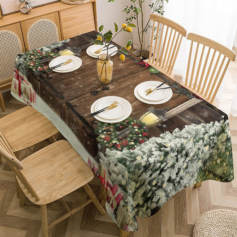 Aperturee - Snowy Xmas Tree Wooden Door Christmas Tablecloth