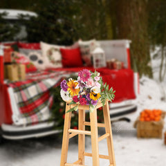 Aperturee - Snowyland Red Car Oranges Forest Christmas Backdrop