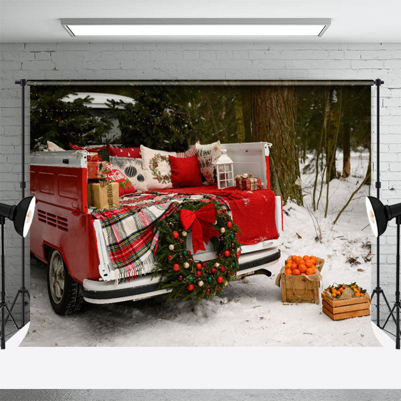 Aperturee - Snowyland Red Car Oranges Forest Christmas Backdrop