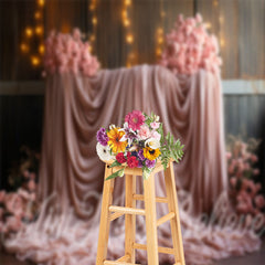 Aperturee - Soft Pink Gauze Roses Wood Wall Floral Backdrop