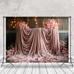 Aperturee - Soft Pink Gauze Roses Wood Wall Floral Backdrop