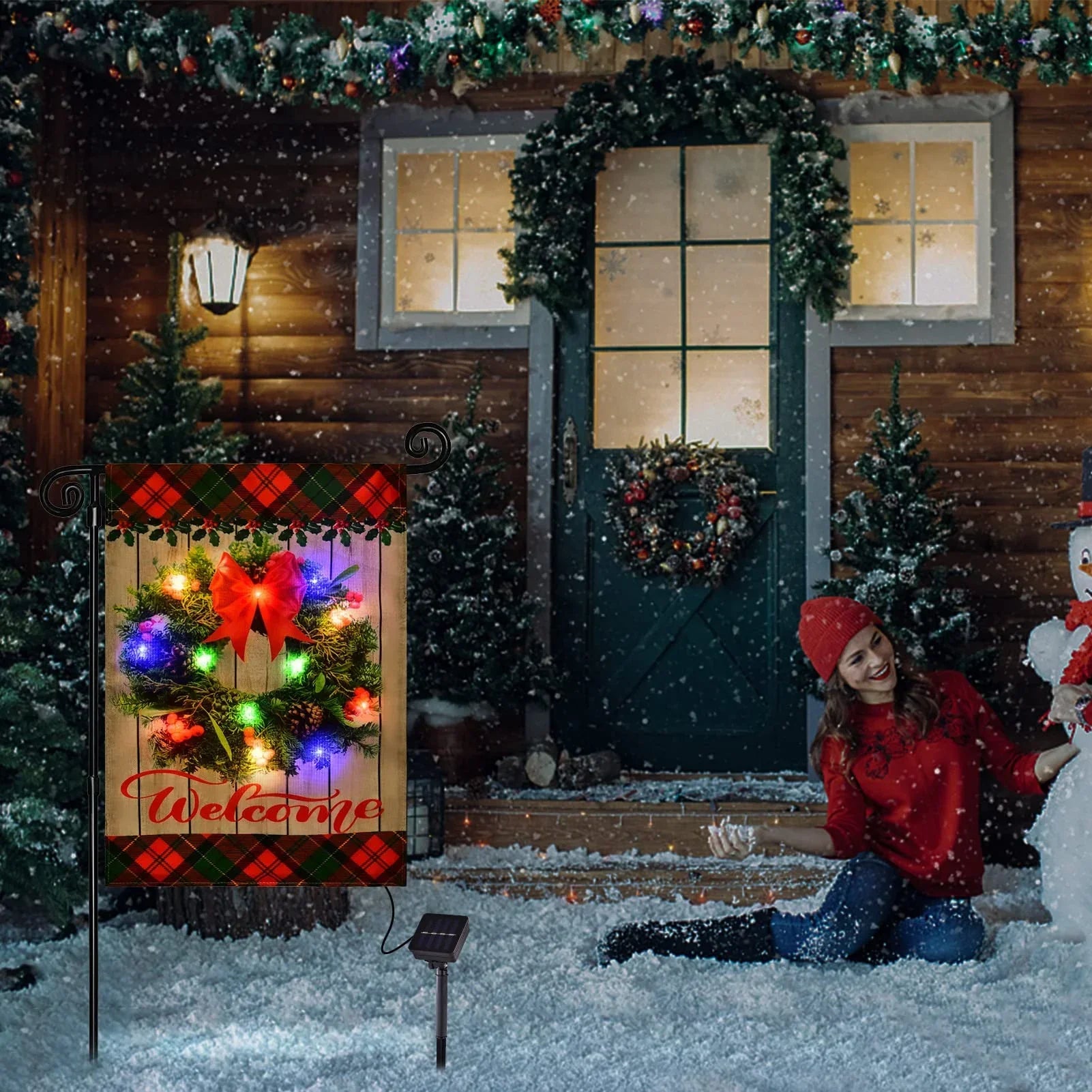 Aperturee - Solar LED Snowy Forest Red House Truck Yard Flag