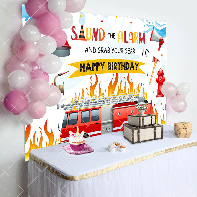 Aperturee - Sound The Alarm Red Fire Truck Birthday Backdrop