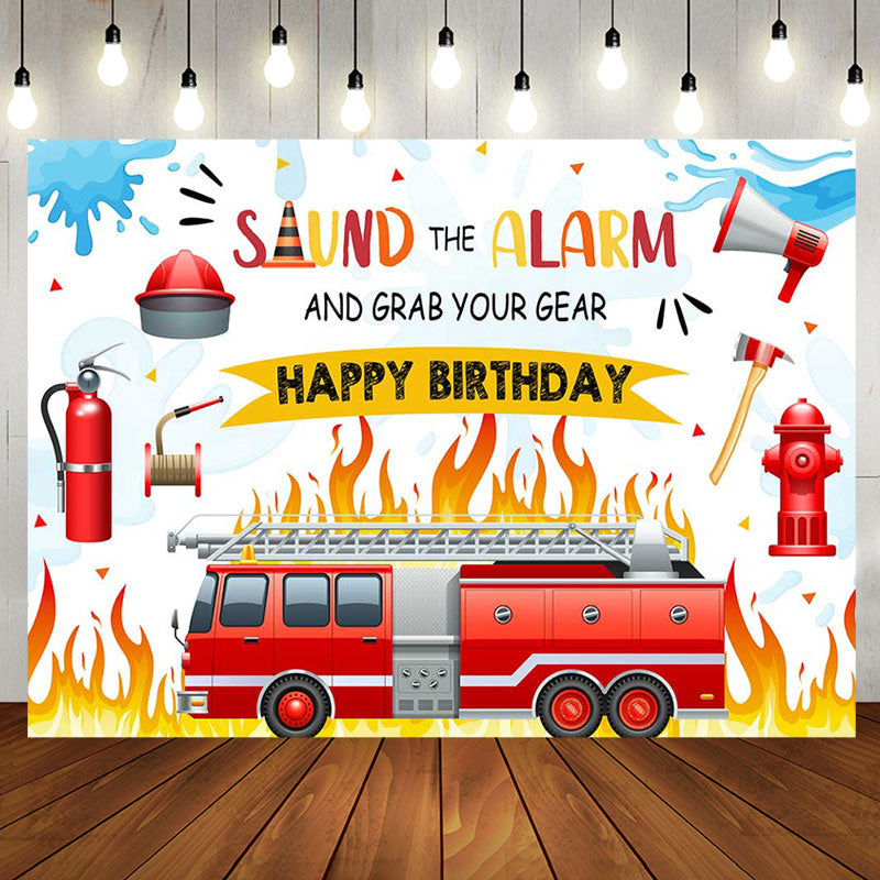 Aperturee - Sound The Alarm Red Fire Truck Birthday Backdrop