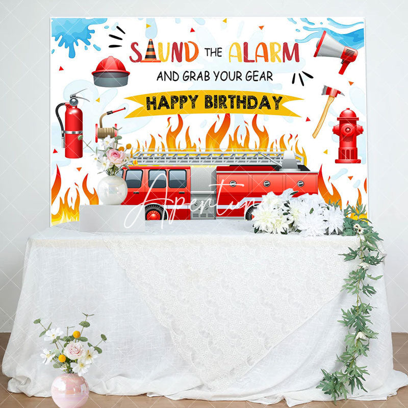 Aperturee - Sound The Alarm Red Fire Truck Birthday Backdrop