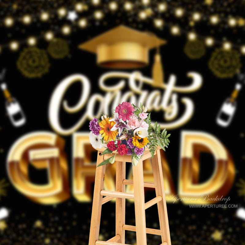 Aperturee - Spark Gold Black Congrats Grad Backdrop For Photo