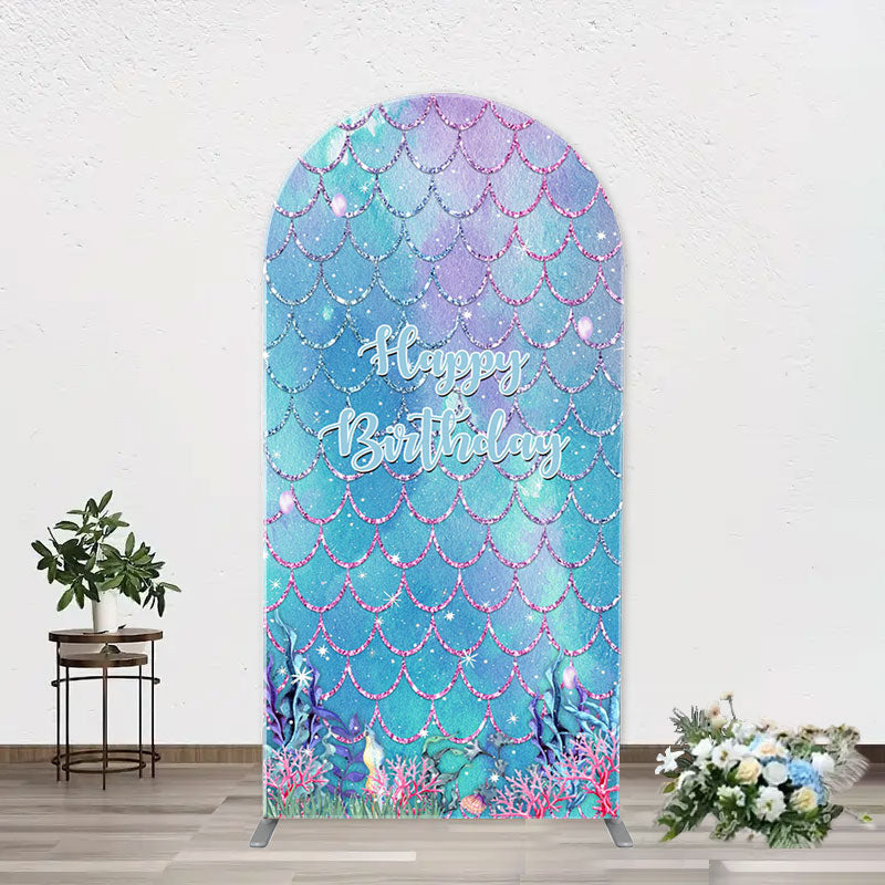 Aperturee - Sparkle Scales Coral Mermaid Arch Birthday Backdrop