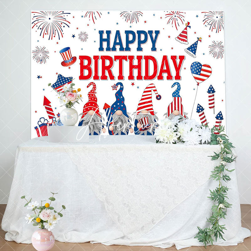 Aperturee - Sparkle Usa Flag Gnome White Happy Birthday Backdrop