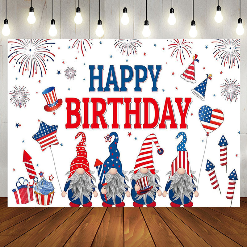 Aperturee - Sparkle Usa Flag Gnome White Happy Birthday Backdrop