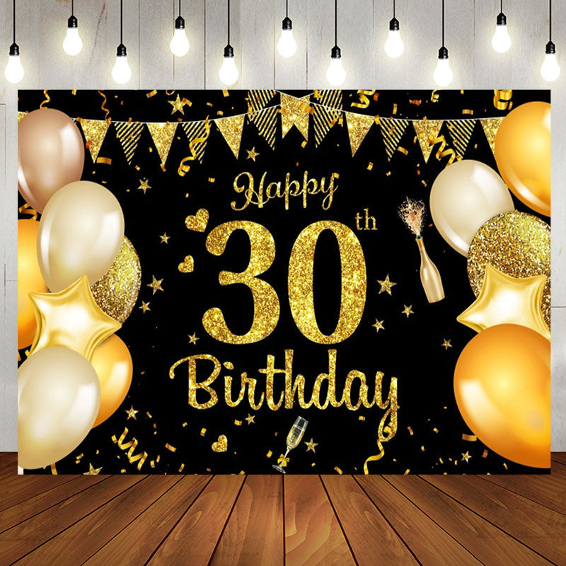 Aperturee - Sparkles Golden Balloon 30th Happy Birthday Backdrop