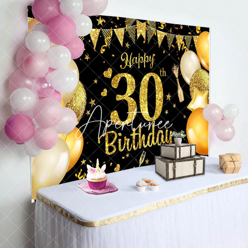 Aperturee - Sparkles Golden Balloon 30th Happy Birthday Backdrop