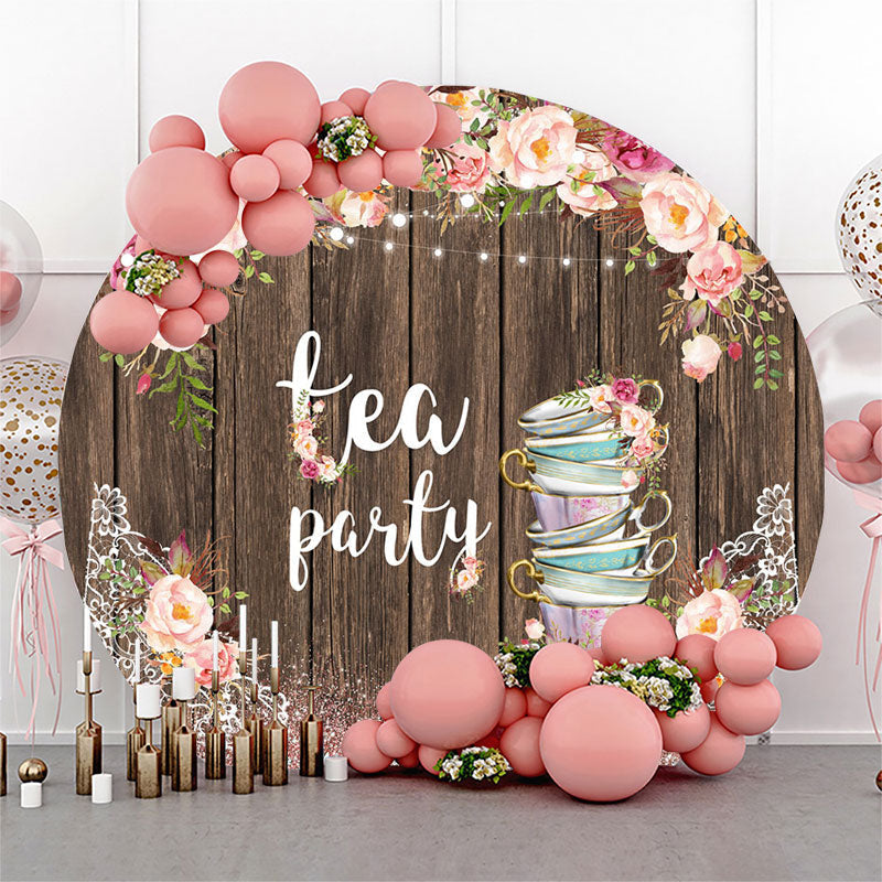 Aperturee Sparkling Floral Wooden Circle Tea Party Backdrop