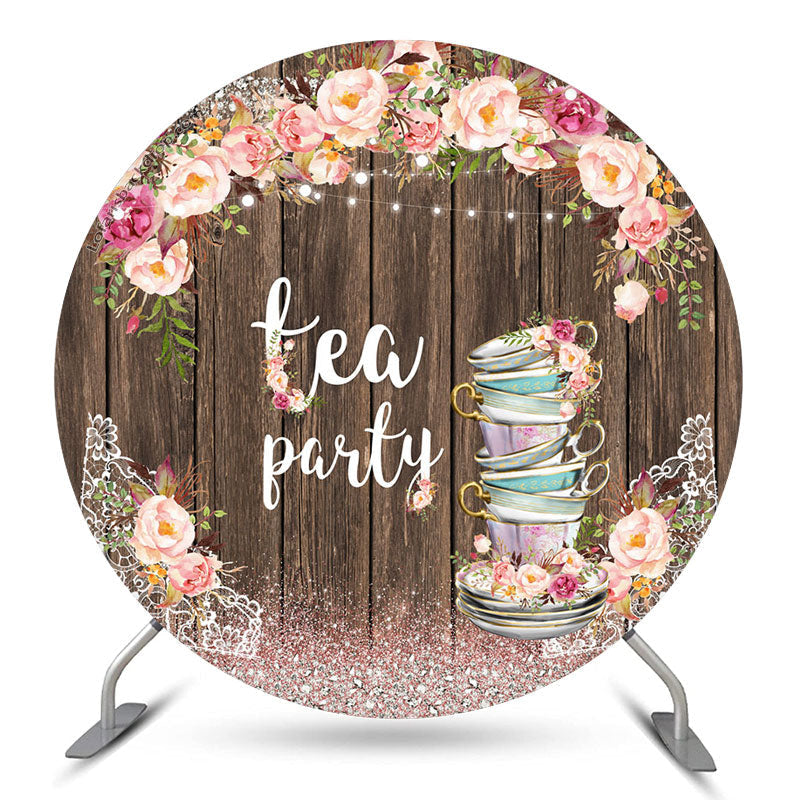 Aperturee Sparkling Floral Wooden Circle Tea Party Backdrop