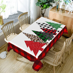 Aperturee - Sparkling Pine Trees Red Plaid Christmas Tablecloth