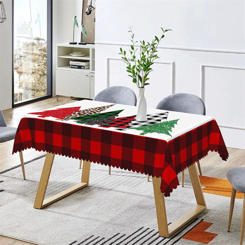 Aperturee - Sparkling Pine Trees Red Plaid Christmas Tablecloth