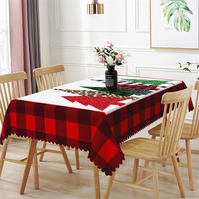 Aperturee - Sparkling Pine Trees Red Plaid Christmas Tablecloth