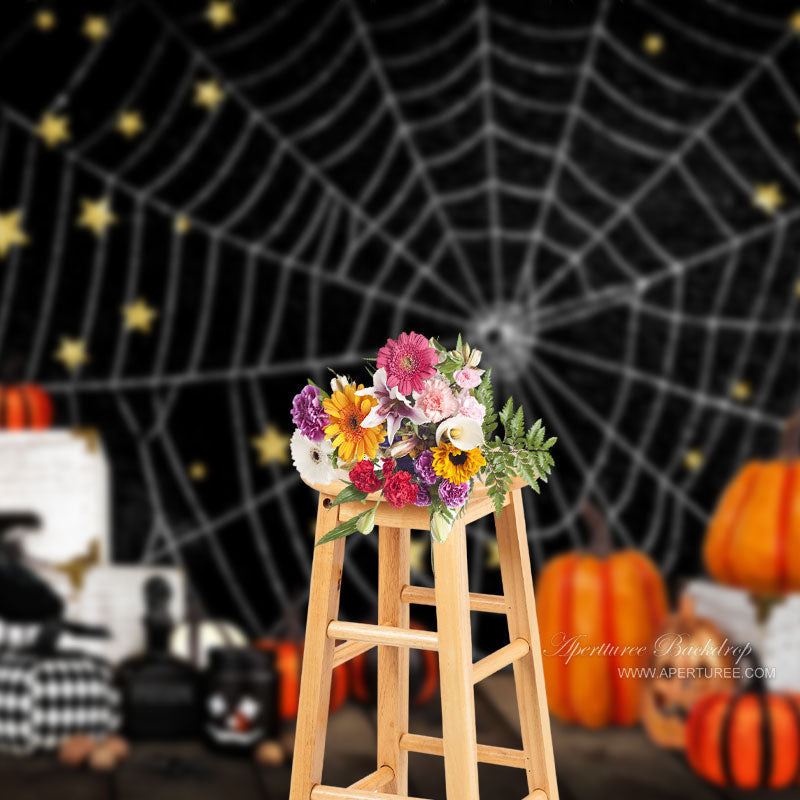 Aperturee - Spider Net Black Night With Star Halloween Backdrop