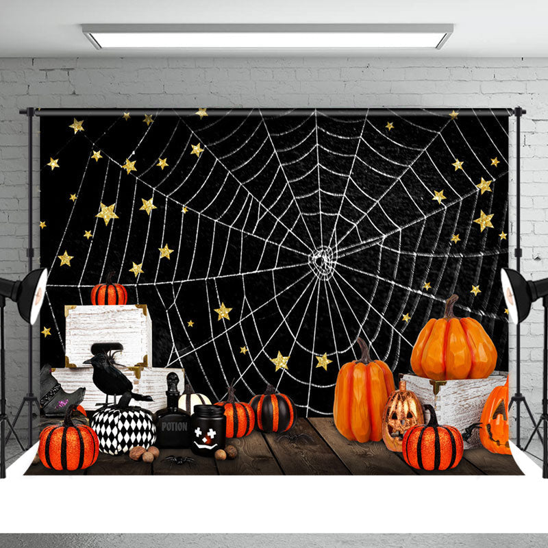 Aperturee - Spider Net Black Night With Star Halloween Backdrop