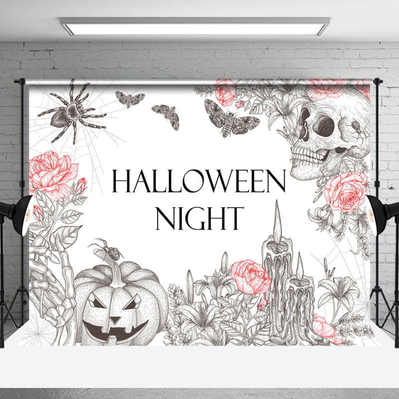 Aperturee - Spider Wab Skull Floral Halloween Night Backdrop