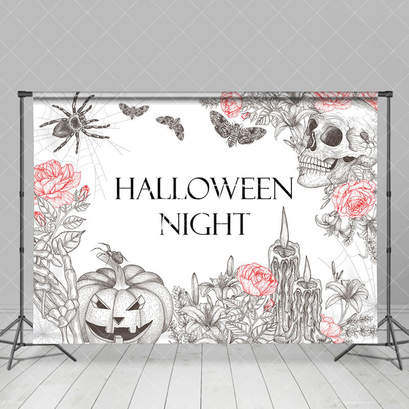 Aperturee - Spider Wab Skull Floral Halloween Night Backdrop