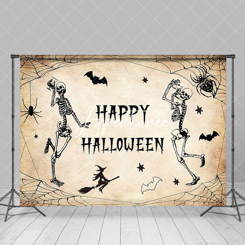 Aperturee - Spider Web Dancing Skeleton Happy Halloween Backrop