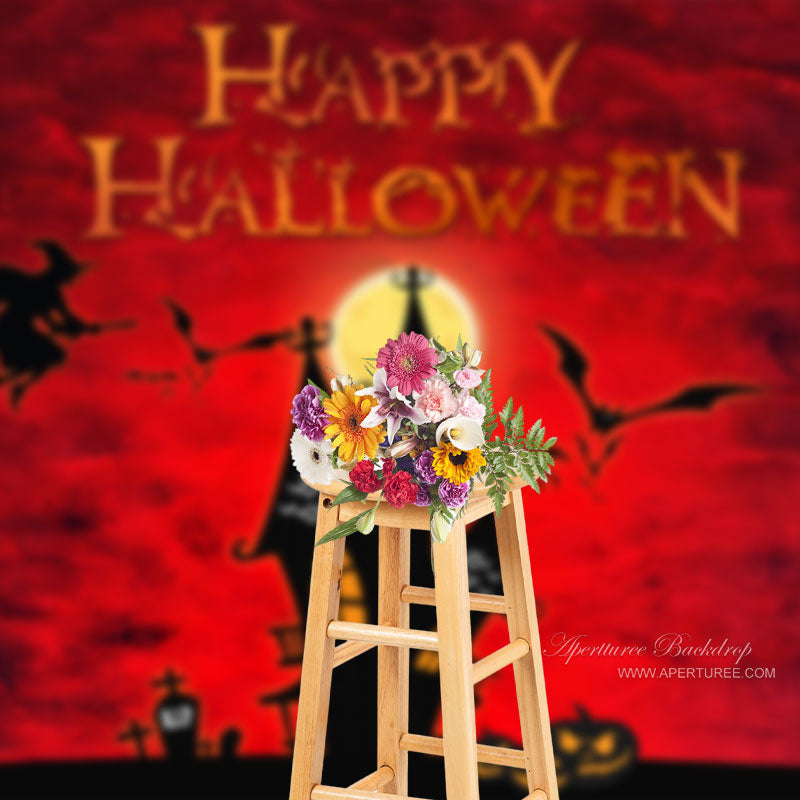 Aperturee - Spook House Bat Pumpkin Moon Red Halloween Backdrop