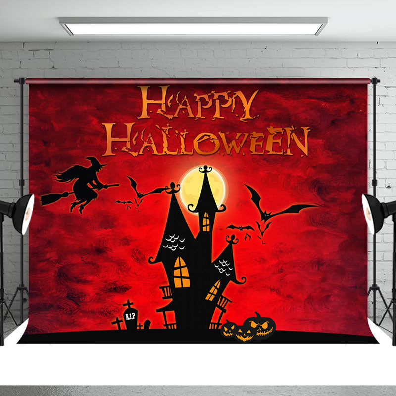 Aperturee - Spook House Bat Pumpkin Moon Red Halloween Backdrop