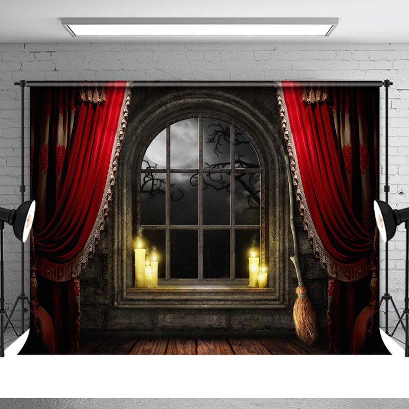 Aperturee - Spooky Night Window Red Curtain Halloween Theme Backdrop