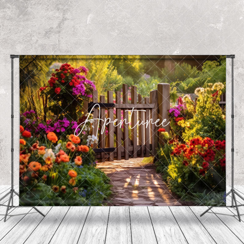 Aperturee - Spring Colorful Floral Wooden Fence Photo Backdrop