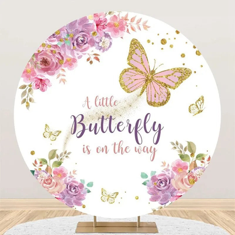 Aperturee - Spring Floral Butterfly Round Baby Shower Backdrop