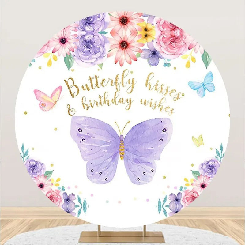 Aperturee - Spring Floral Butterfly Round Backdrop For Birthday