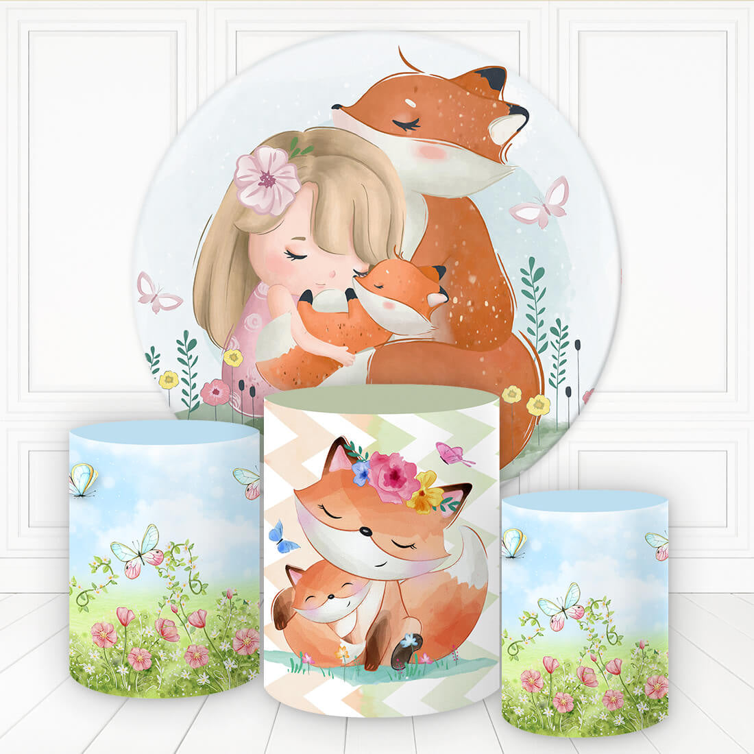 Aperturee Spring Floral Fox Butterfly Sweet Round Backdrop Kit