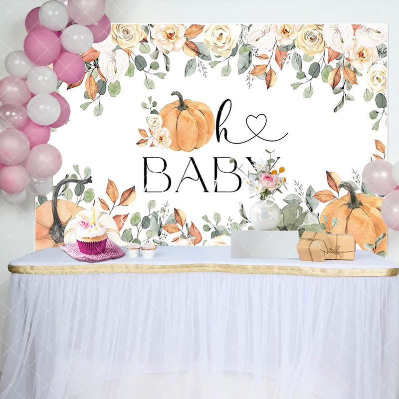 Aperturee - Spring Floral Leaves Pumpkins Baby Shower Backdrop