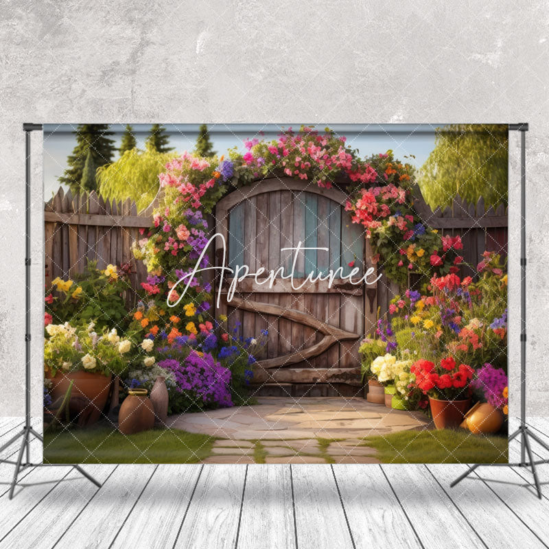 Aperturee - Spring Floral Retro Wooden Door Photography Backdrop