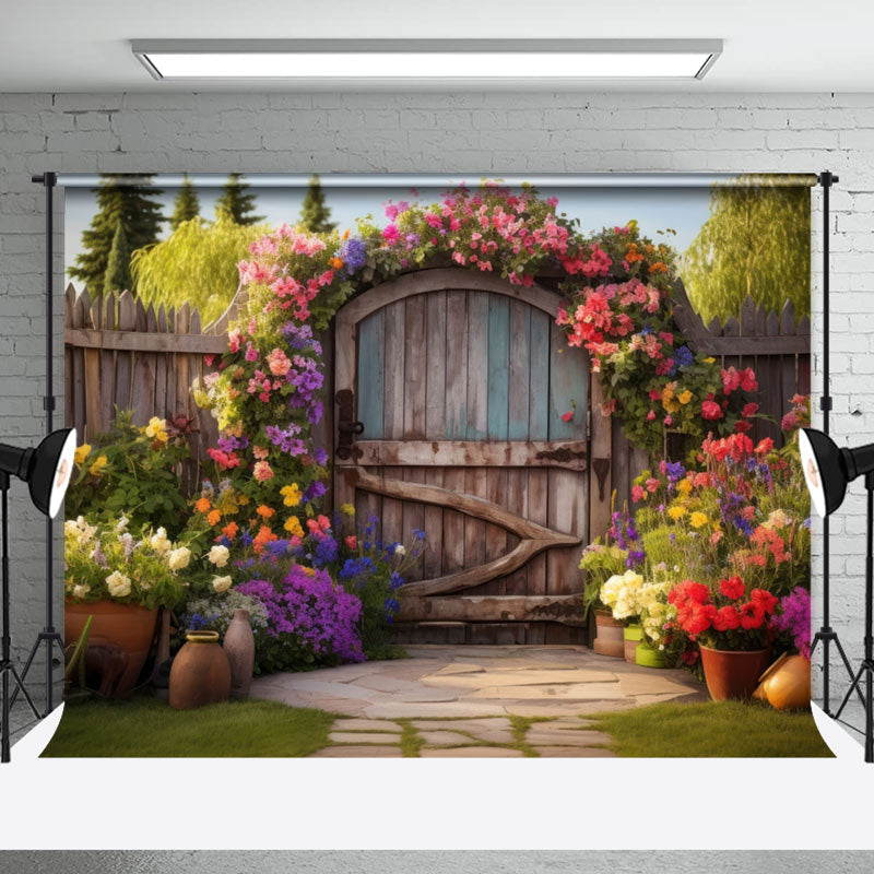 Aperturee - Spring Floral Retro Wooden Door Photography Backdrop