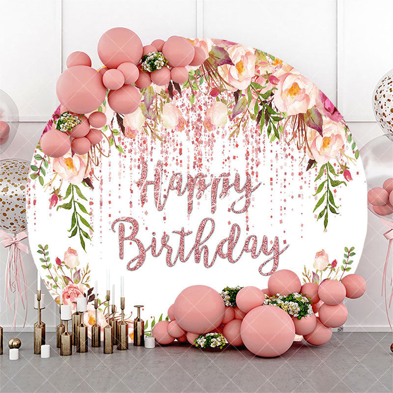 Aperturee Spring Floral Rose Gold Glitter Round Birthday Backdrop