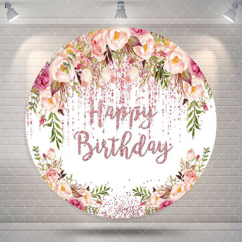 Aperturee Spring Floral Rose Gold Glitter Round Birthday Backdrop